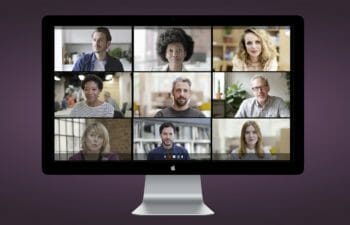 A computer screen with a 9 images of people's faces in a 3x3 grid with a webinar interface at the bottom.