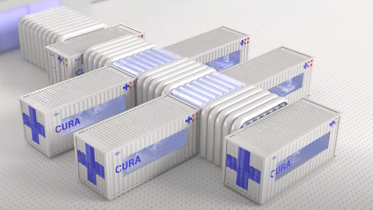 Mockup of hospital CURA unit pods in shipping containers.