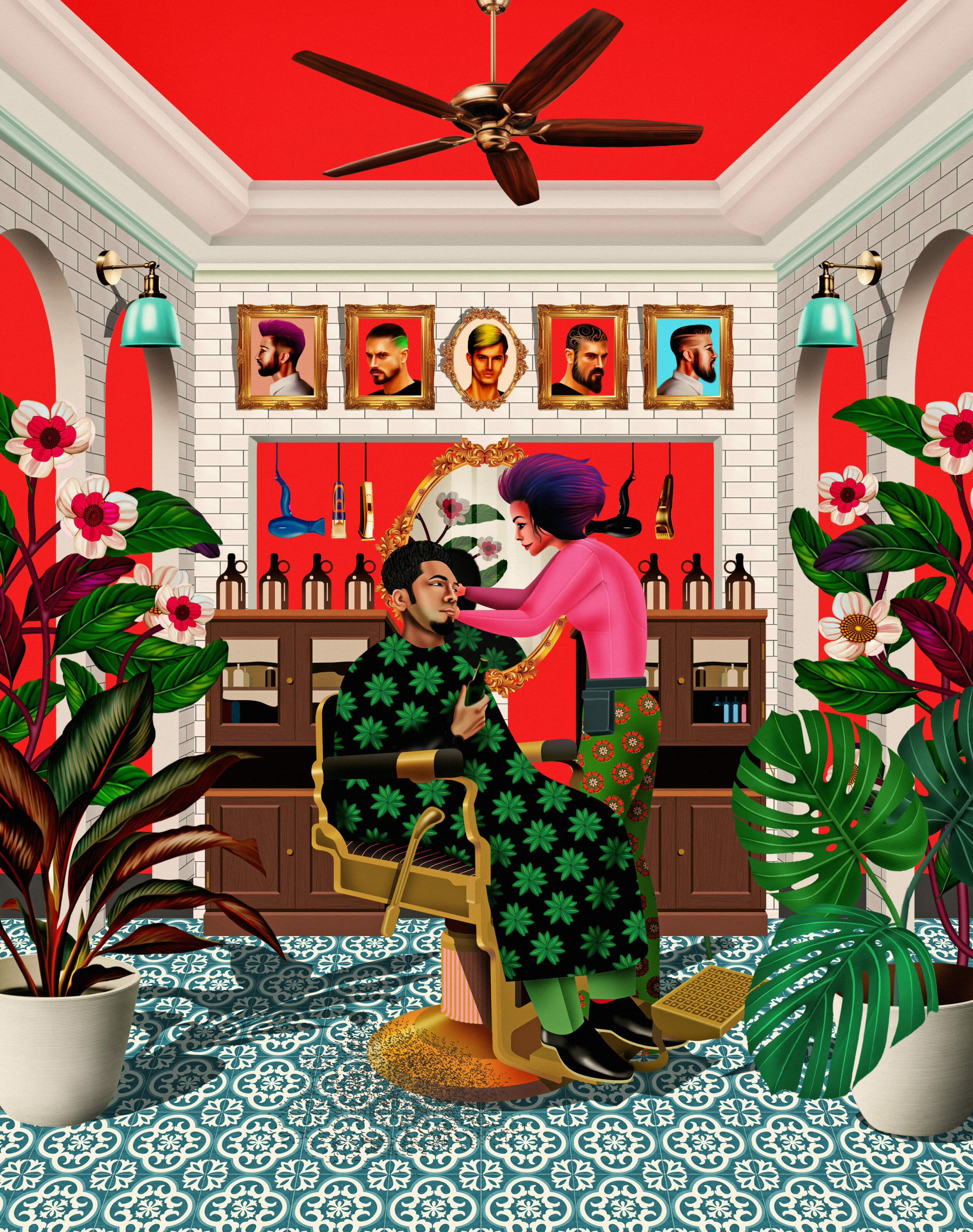 Colorful illustration of a man in a salon titled “Belong Salon” by Reshidev RK.