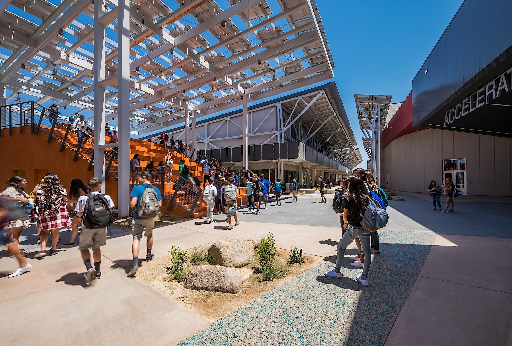 Students walking around outdoor area in Canyon View High School