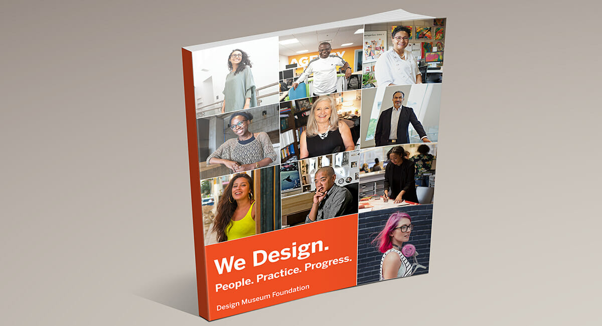 Mock-up of book cover with portraits of 10 designers.