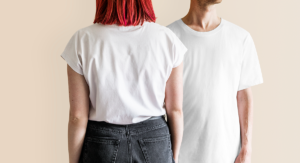 Two people standing in white t-shirts