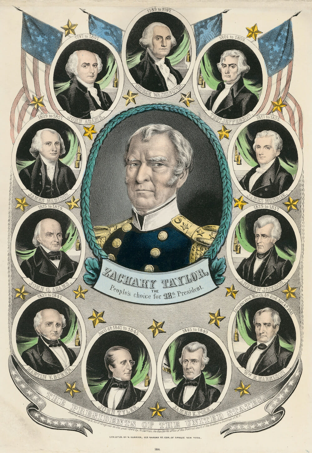 “People's Choice Twelfth President” features a portrait of President Zachary Taylor at the center, surrounded by the previous 11 presidents, all illustrated as white men with white hair except one, John Tyler, shown with black hair.