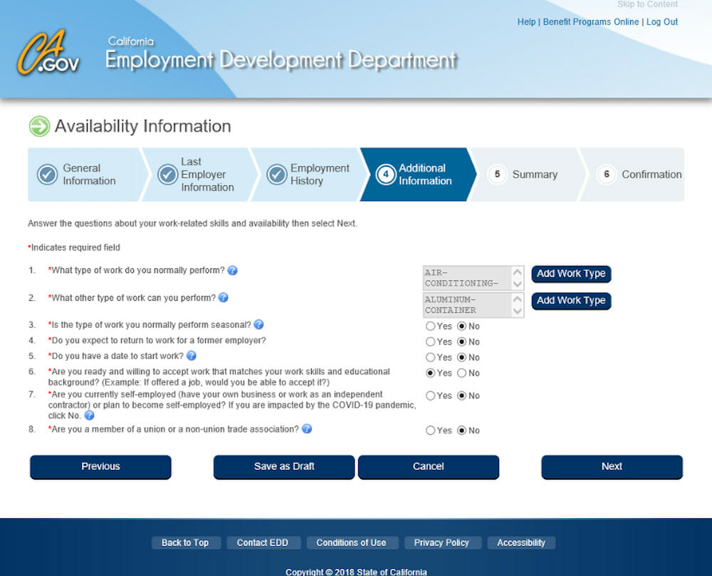 Screenshot of online Unemployment Form 