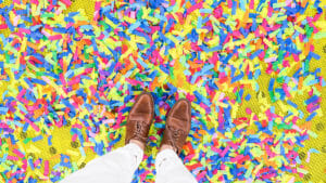 Shoes on a confetti-filled floor