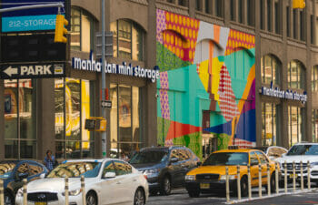 Keep chopping (dinosaur jr.), 2019. Brooklynbased artist Hellbent delivers a hand-painted mural on the façade of 131 Varick Street using his unique designs of interwoven color blocks and stenciled patterns drawn from classic fabric and wallpaper motifs. Presented by the Hudson Square BID. Photo credit: Kellie Rogers. Image 1 Image 2A Image 3 Image 4 Image 2B