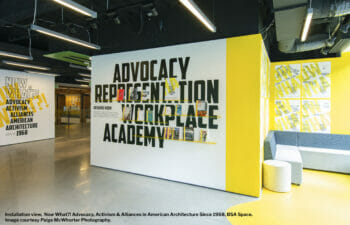 View of graphic text on a white and yellow gallery wall in a museum-like space