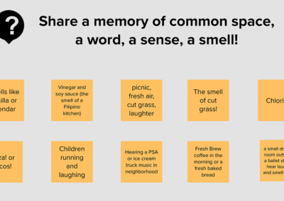 Mural board with post it responses to question, "Share a memory of a common space word, a sense, or a smell.