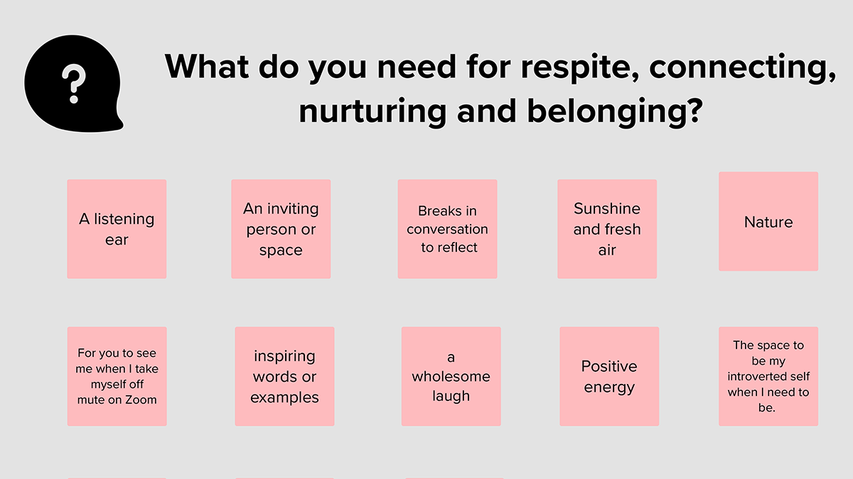 Mural board with post it responses to question, "What do you need for respite, connecting, nurturing, and belonging.