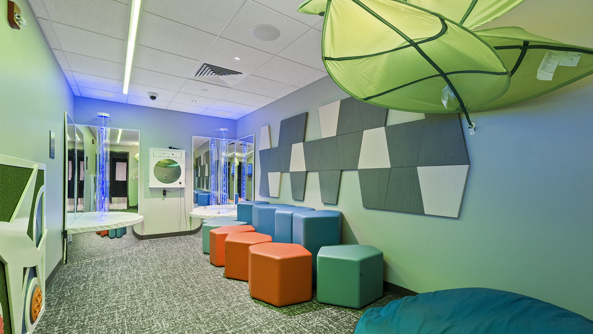 Sensory Room space for passengers to enjoy their wait time. Fort Wayne International Airport Sensory Room for travelers that are neurodiverse. (Mead & Hunt, Inc.)
