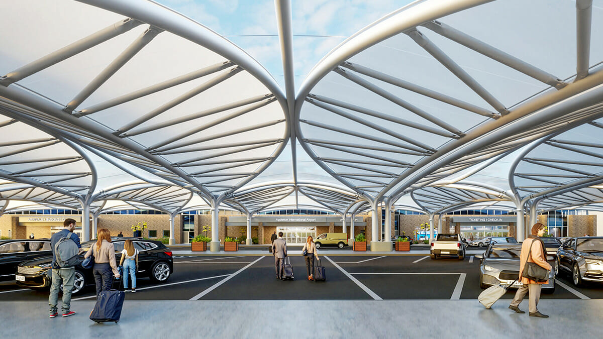 Biophilic influenced exterior elements add beauty and functionality. Exterior curbside rendering of Appleton International Airport (Mead & Hunt, Inc).
