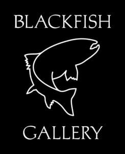 Blackfish Logo. Black background with white outline of a fish.