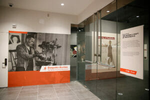 Entrance to the Bespoke Bodies exhibition with panels introducing the exhibition.