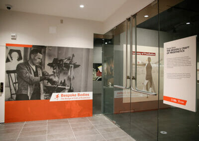 Entrance to the Bespoke Bodies exhibition with panels introducing the exhibition.