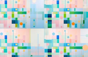 Abstract graphic of geometric shapes in blues, greens, and pinks