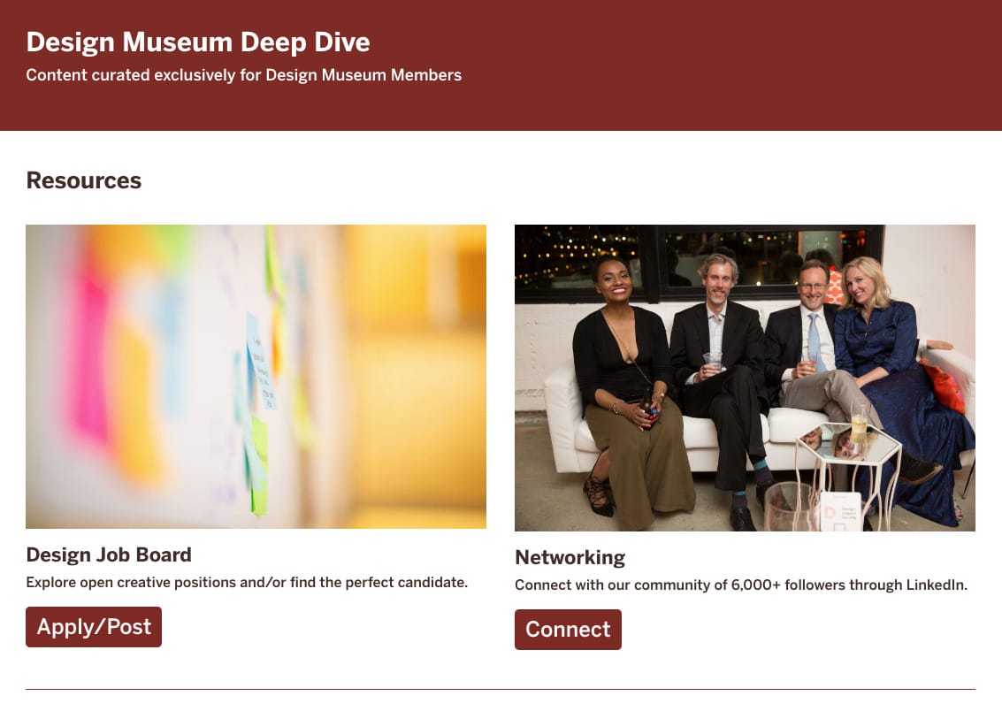 Screenshot of a webpage featuring a Design Job Board and a link to networking opportunities